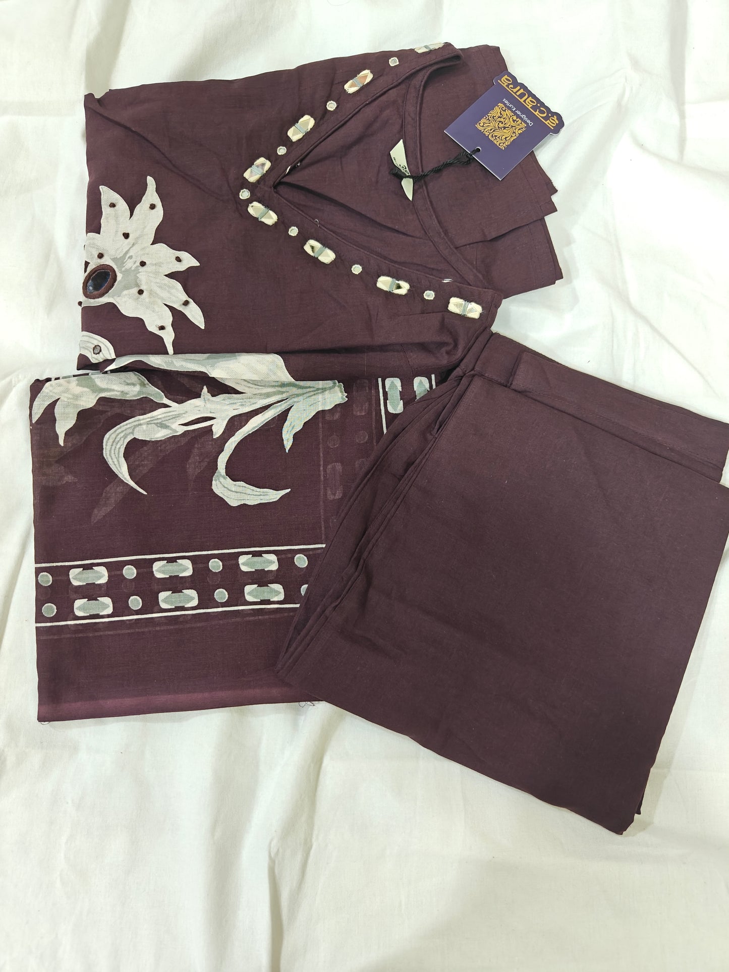 Dark Wine Cotton Kurta Set with Mirror Work | 3-Piece Women's Ethnic Suit | Floral Print & Mirror Embellishment | Festive & Casual Wear