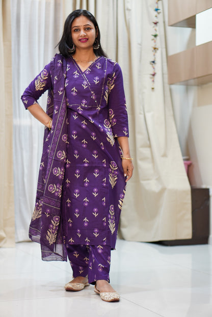 Deep Purple Floral Printed 3-Piece Kurta Set with Gold Motifs | Women's Ethnic Wear | Festive & Casual Collection