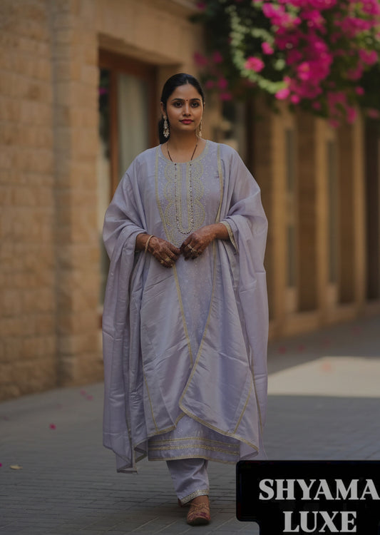 Lavender Pearl Work Embellished Kurta Set | Women's Ethnic Suit with Gold Zari & Pearl Embroidery | Festive & Wedding Wear