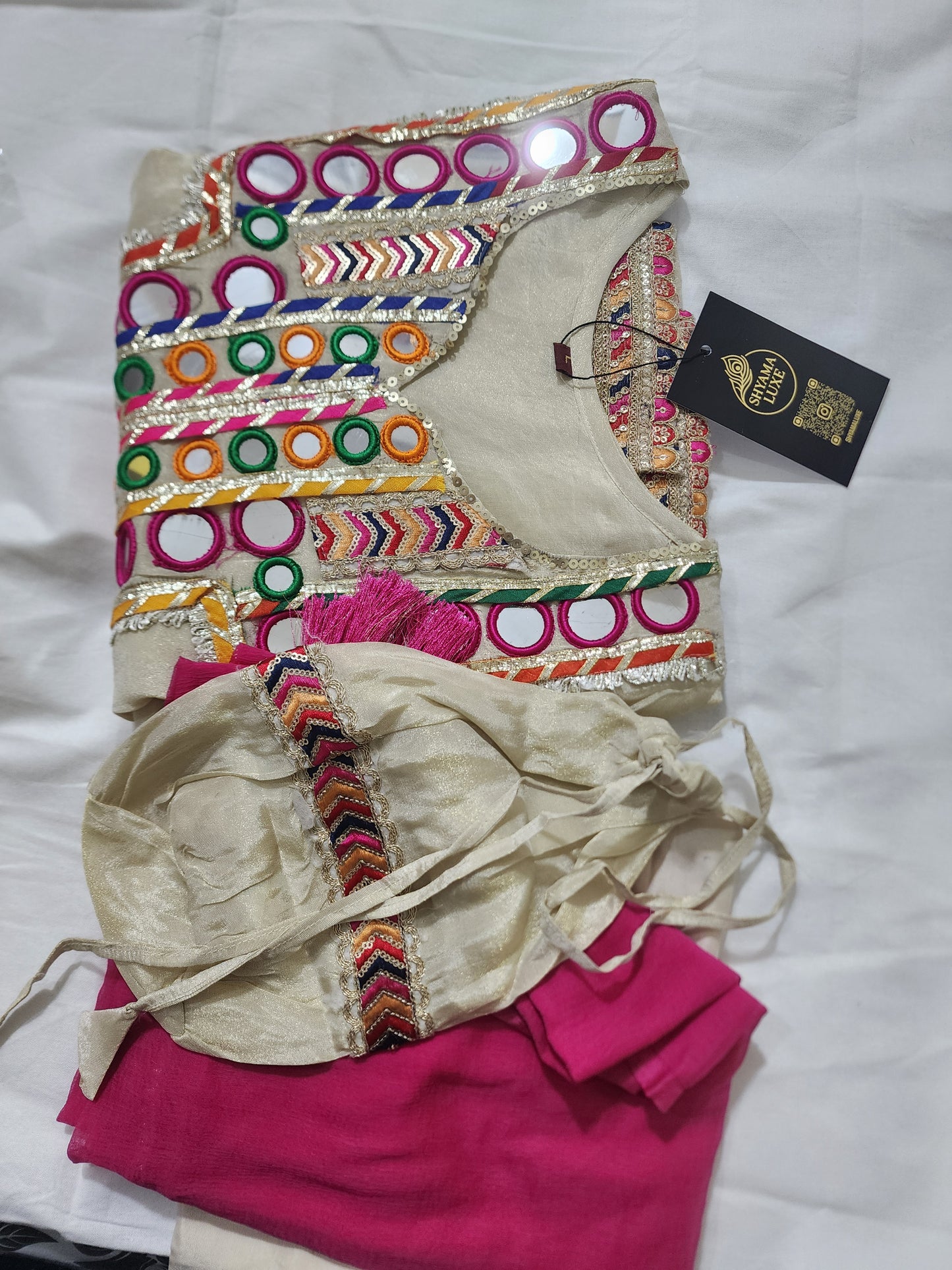 Off white golden pink 3 piece suit w potli