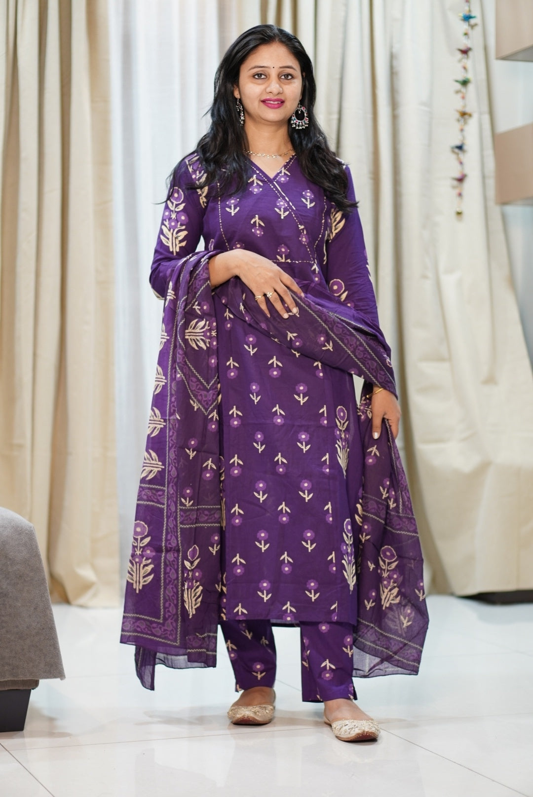 Deep Purple Floral Printed 3-Piece Kurta Set with Gold Motifs | Women's Ethnic Wear | Festive & Casual Collection