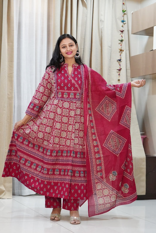 Red Cotton Angrakha Anarkali Kurta Set with Ajrak Block Print | Hand-Embroidered Yoke | 3-Piece Ethnic Suit for Women | Festive & Traditional Wear