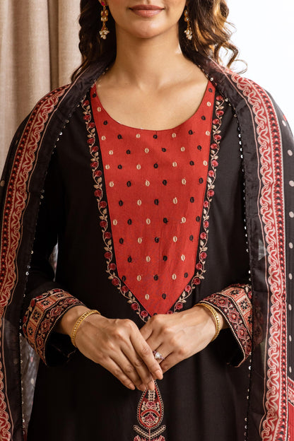 Black & Red Rayon Printed Kurta Set | 3-Piece Ethnic Suit for Women | Casual & Festive Wear