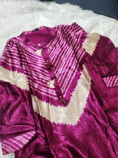 Pure Gajji Silk Leheriya Coord Set | Deep Magenta Kurta & Palazzo | 2-Piece Ethnic Set