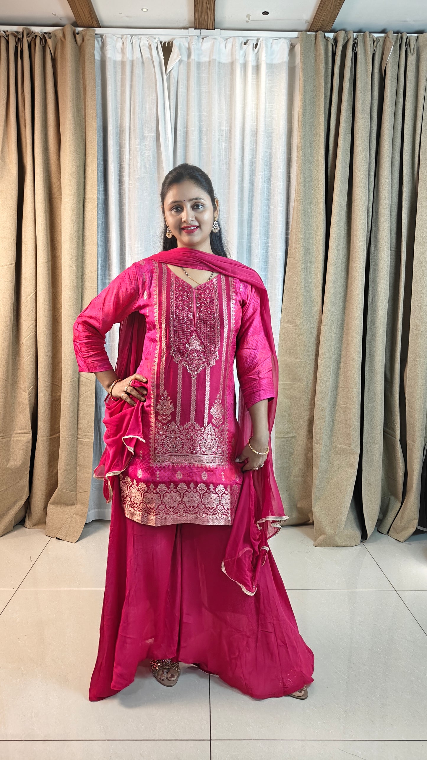 Pink Silk Sharara Set with Gold Zari Embroidery | 3-Piece Ethnic Suit for Women | Wedding & Festive Wear