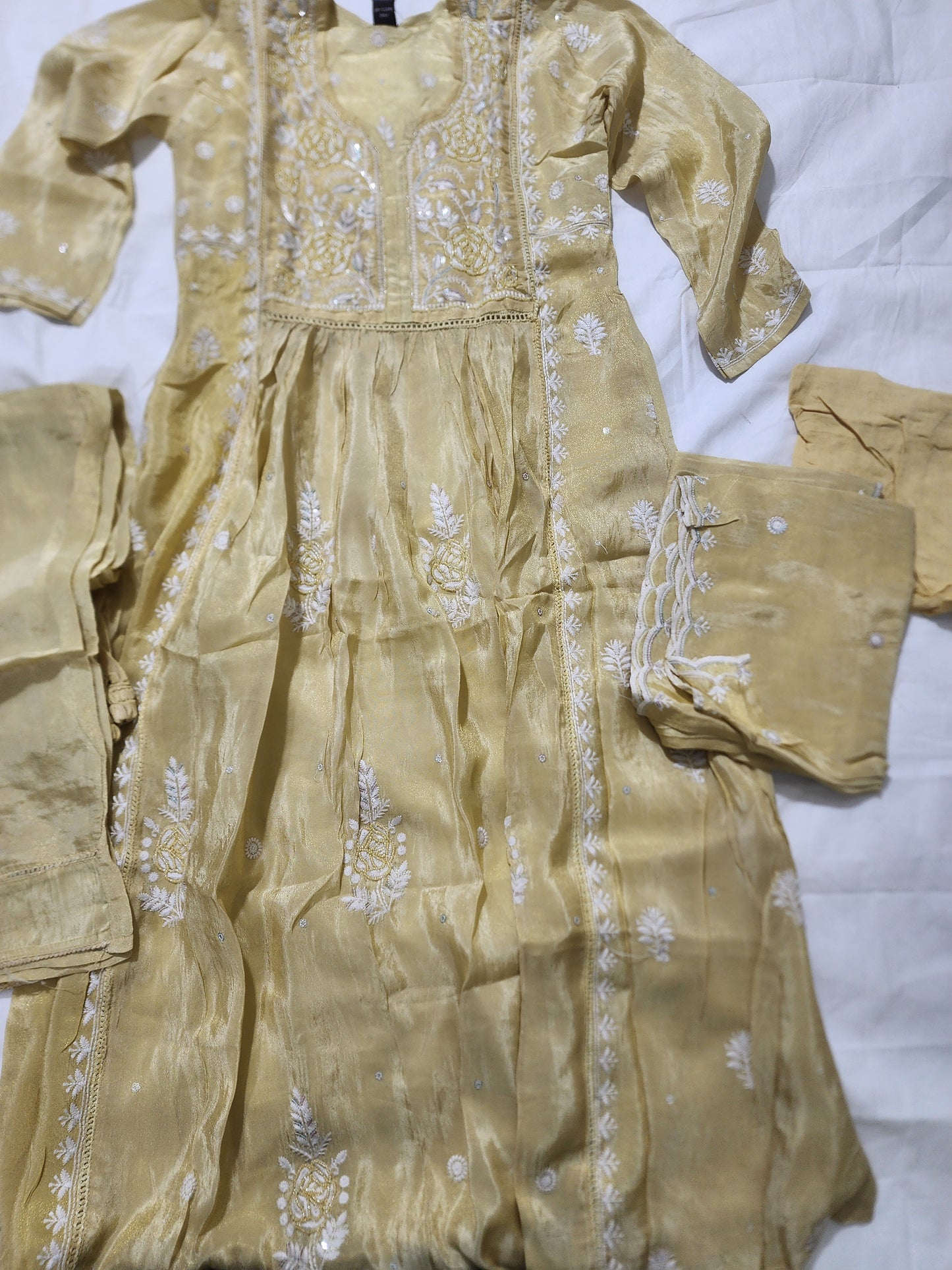 Yellow Shimmer Embroidery Suit | Golden Shimar Anarkali Kurta Set for Women | 3-Piece Ethnic Suit | Festive & Party Wear