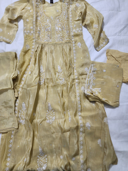 Yellow Shimmer Embroidery Suit | Golden Shimar Anarkali Kurta Set for Women | 3-Piece Ethnic Suit | Festive & Party Wear
