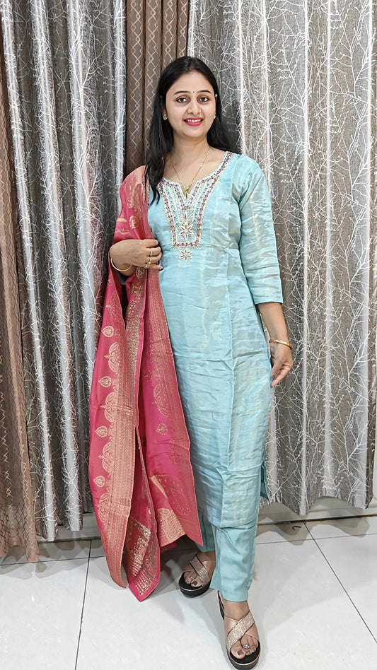 Sea Blue Embroidered Kurta Set | 3-Piece Women's Ethnic Suit | Casual & Festive Wear