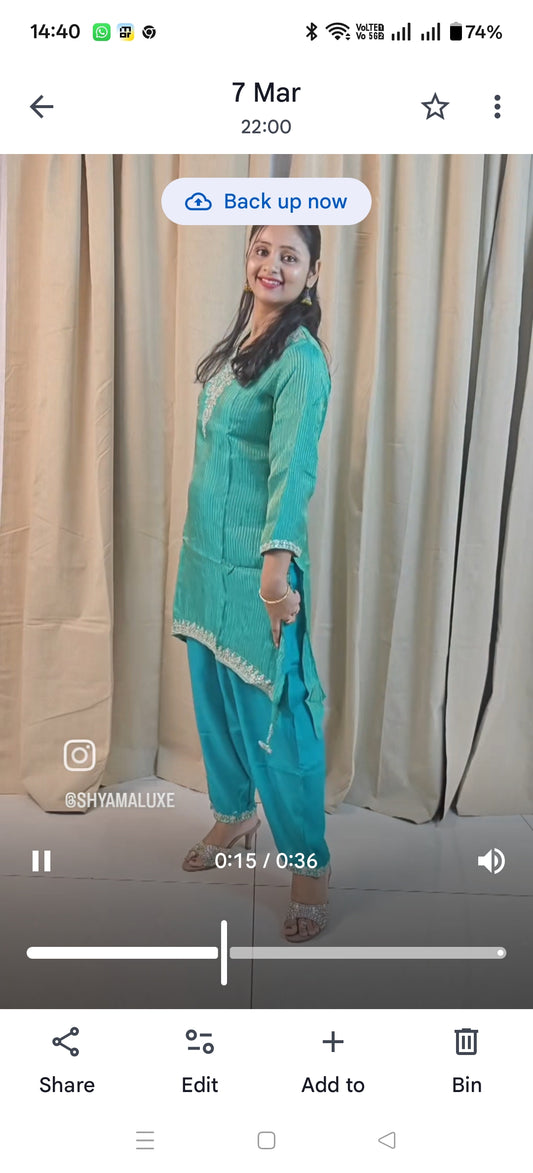 Teal Cyan 3-Piece Kurta Set with Golden Zari Embroidery | Ethnic Suit for Women | Festive & Party Wear