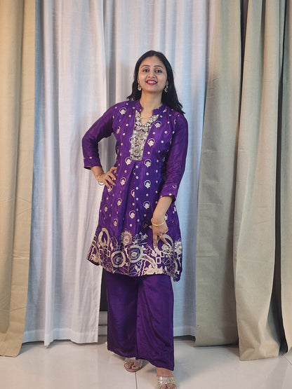Royal Purple Shimmer Kurta Set with Golden Embroidery | 3-Piece Ethnic Suit for Women | Wedding & Party Wear