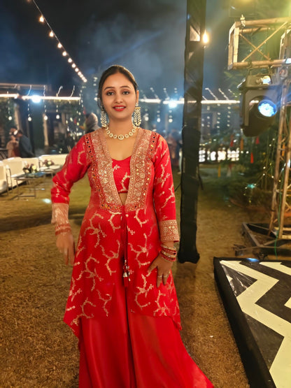 Hot-Pink & Gold Zari Embroidered Indo-Western Jacket Suit | Sharara suit for Women | Festive & Wedding Collection