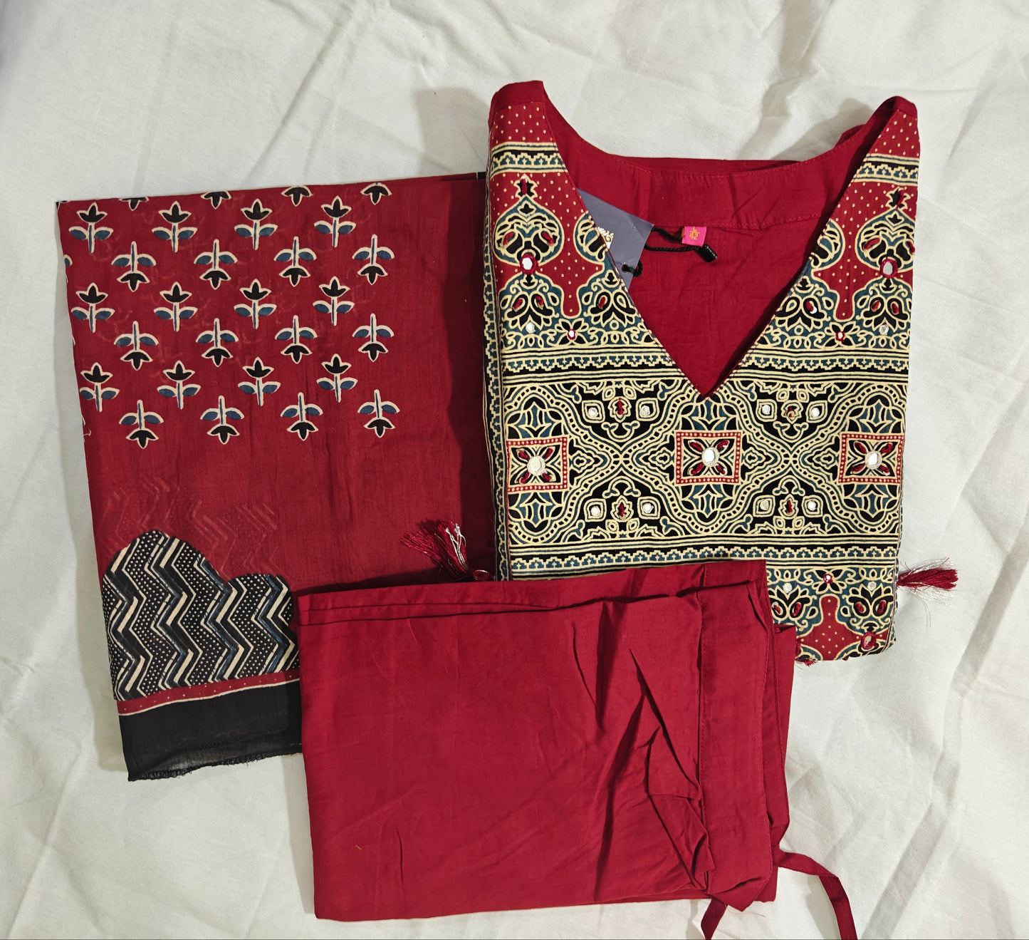 Red Cotton Printed 3-Piece Kurta Set | Ethnic Suit for Women with Geometric Print | Casual & Festive Wear