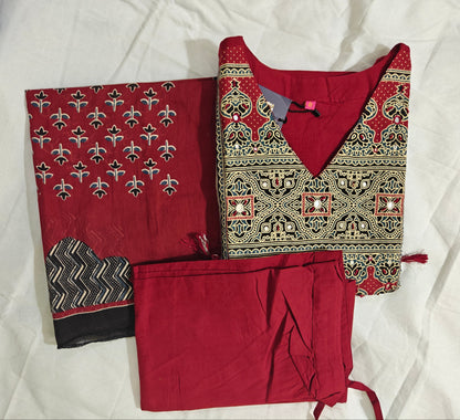 Red Cotton Printed 3-Piece Kurta Set | Ethnic Suit for Women with Geometric Print | Casual & Festive Wear