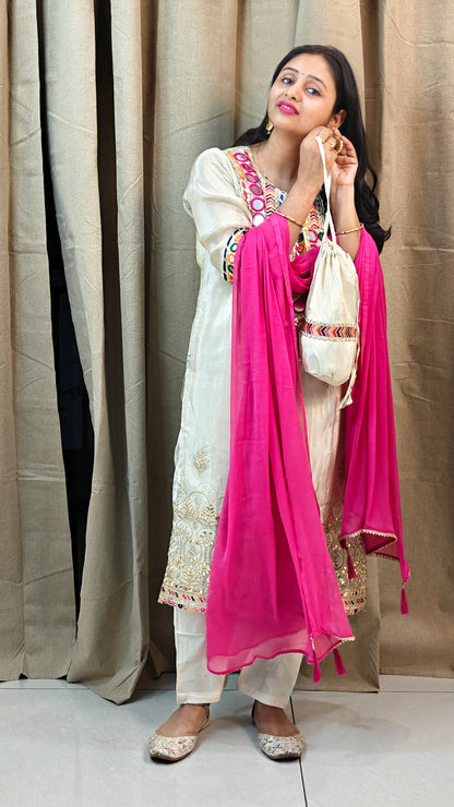 Off white golden pink 3 piece suit w potli