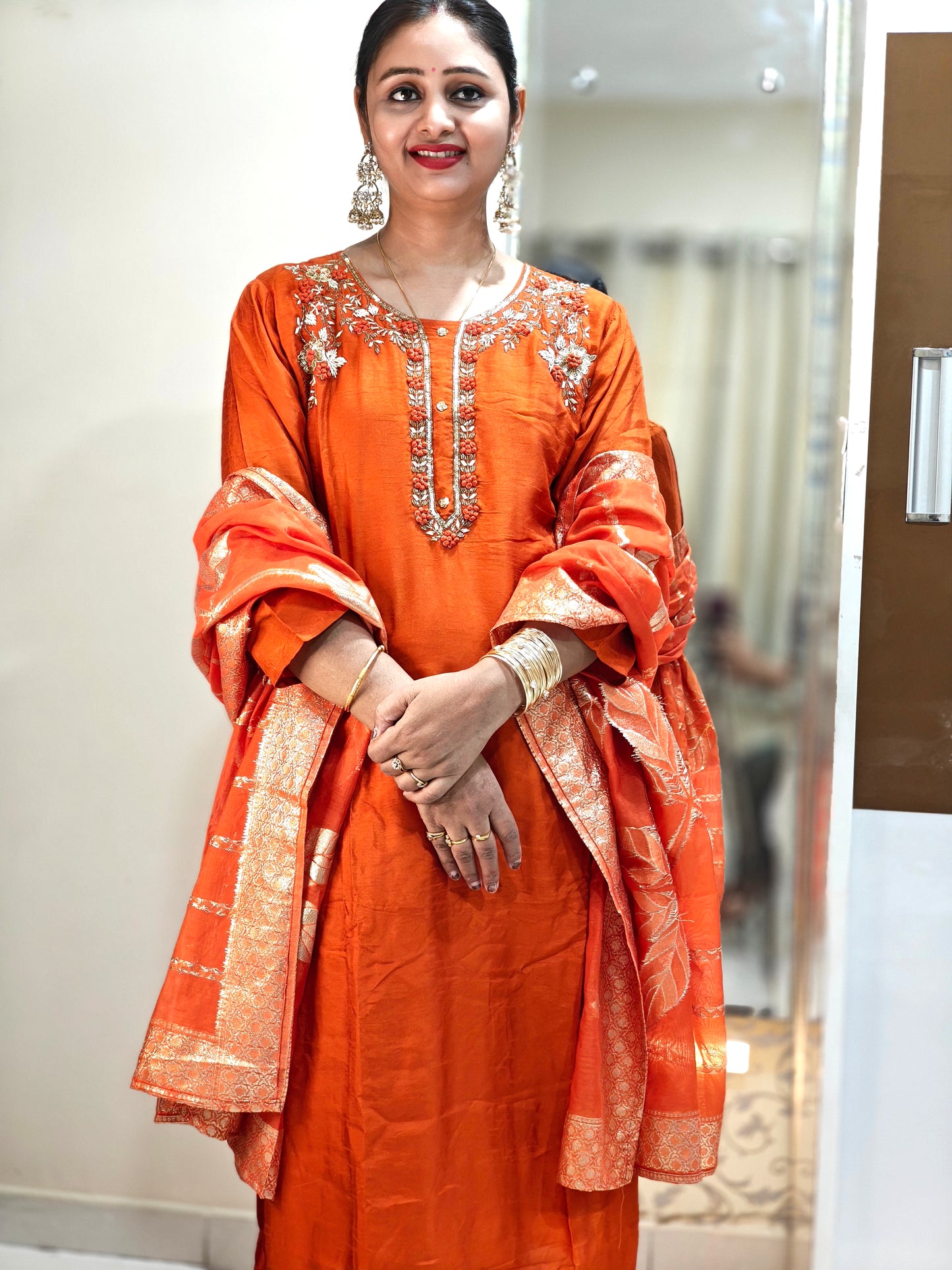 Orange & Gold Printed Kurta Set | Women's Ethnic Suit with Golden Motifs | Festive & Party Wear