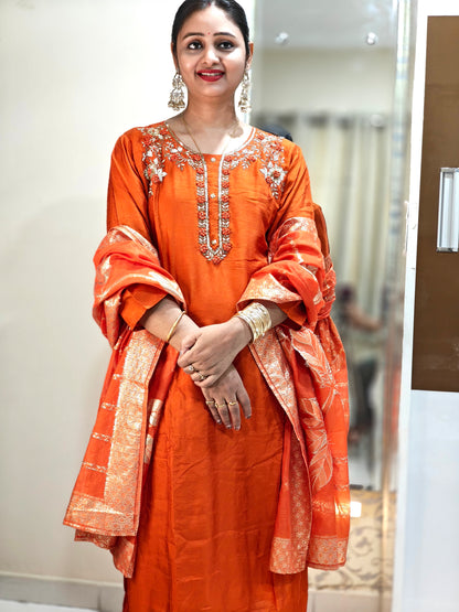Orange & Gold Printed Kurta Set | Women's Ethnic Suit with Golden Motifs | Festive & Party Wear
