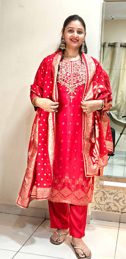 Red & Gold Embroidered Kurta Set | Women's Ethnic Suit with Golden Zari Work | Festive & Wedding Wear