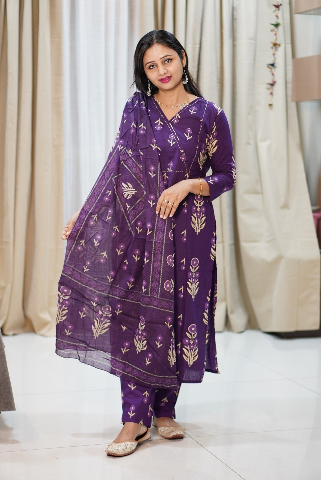 Deep Purple Floral Printed 3-Piece Kurta Set with Gold Motifs | Women's Ethnic Wear | Festive & Casual Collection