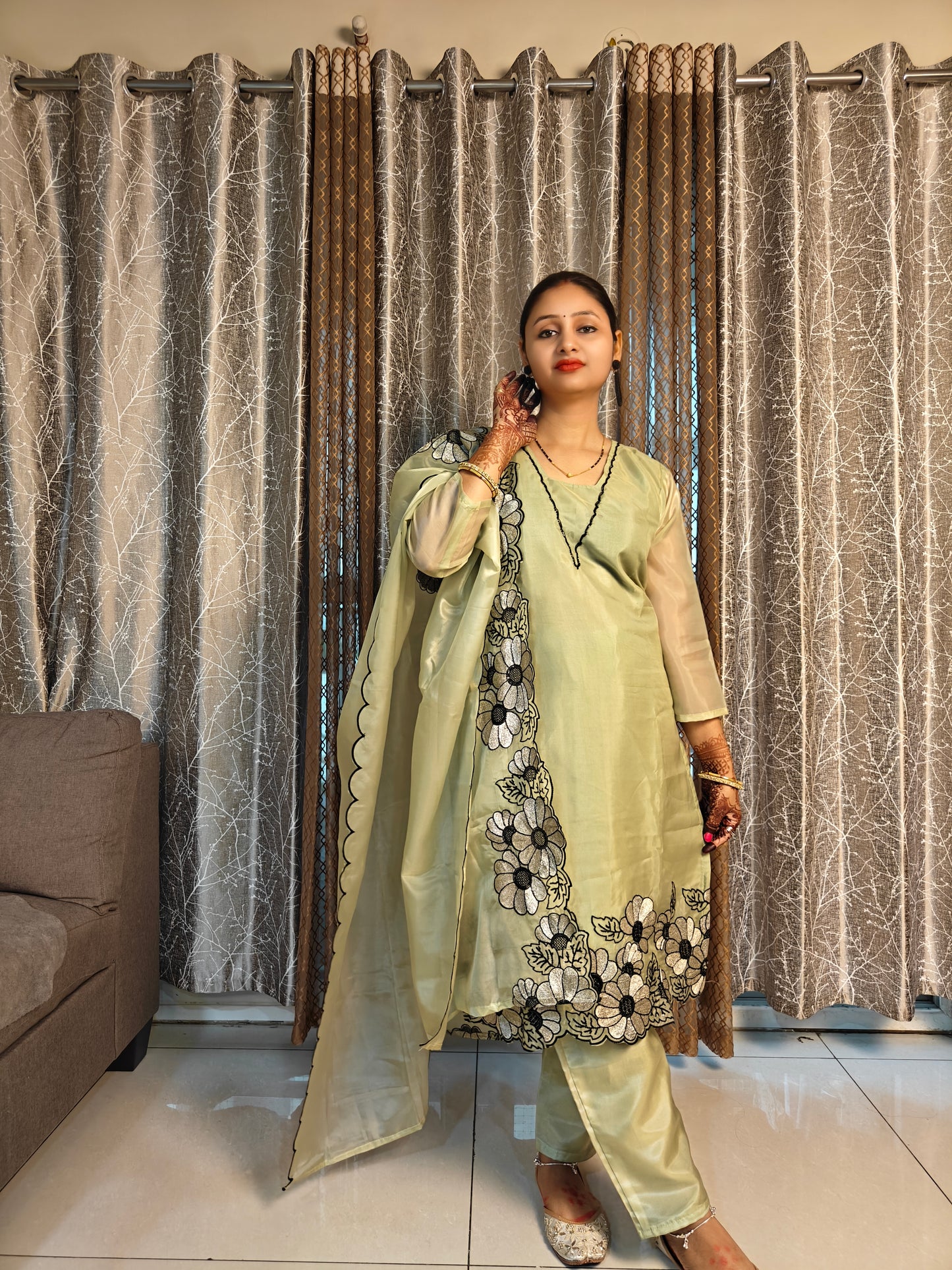 Pista Green & Black Border Kurta Set | 3-Piece Ethnic Suit for Women | Casual & Festive Wear
