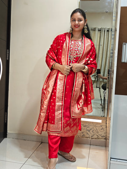 Red & Gold Embroidered Kurta Set | Women's Ethnic Suit with Golden Zari Work | Festive & Wedding Wear