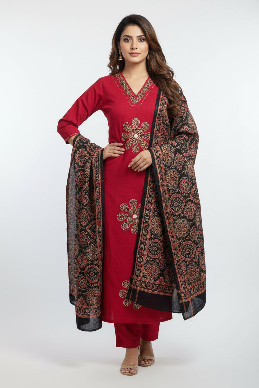 Ajrak Crimson Red 3-Piece Kurta Set | Embroidered Kurta with Straight Pants & Block Print Dupatta | Women's Ethnic Wear