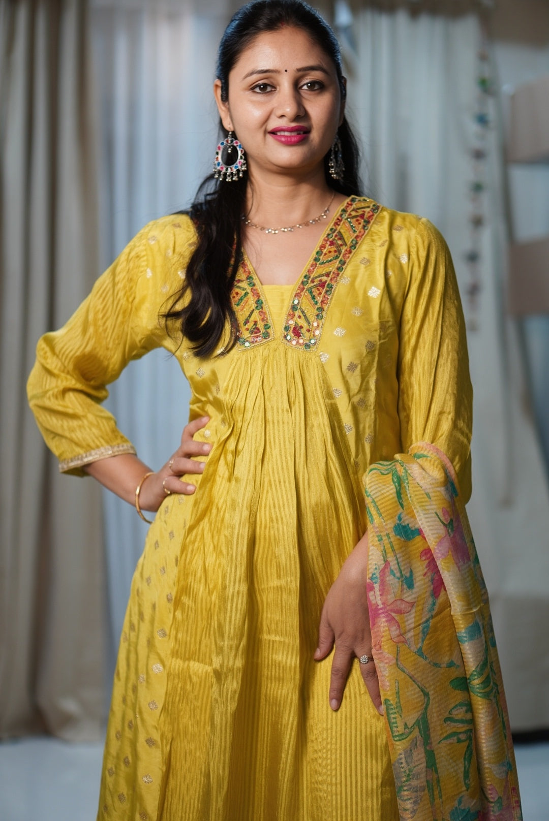Yellow Silk Anarkali Designer Suit with Multicolor Embroidery & Printed Dupatta | Ethnic Wear for Women | Festive & Casual Collection