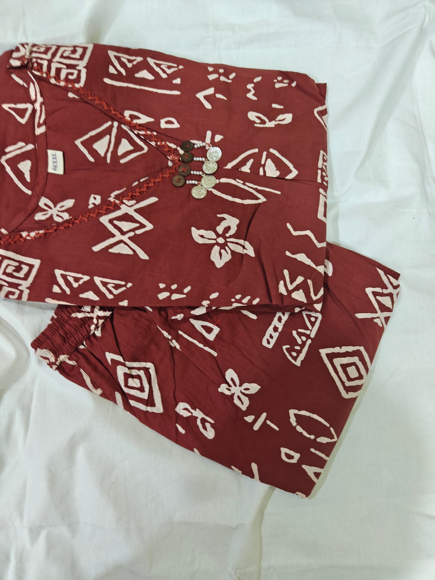 Brown Cotton Printed A-Line Kurta Set | 2-Piece Ethnic Suit with Kantha Handwork Neckline | Flared Kurta & Printed Palazzo | Casual & Festive Wear