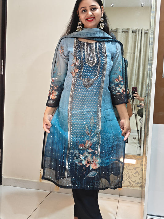 Blue Shaded Embroidered Kurta Set | Ombre Blue Women's Ethnic Suit | Festive & Casual Wear