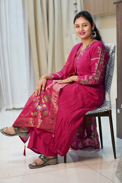 Premium Pink Embroidered 3-Piece Kurta Set with Gold Floral Work | Women's Ethnic Suit | Wedding & Festive Wear