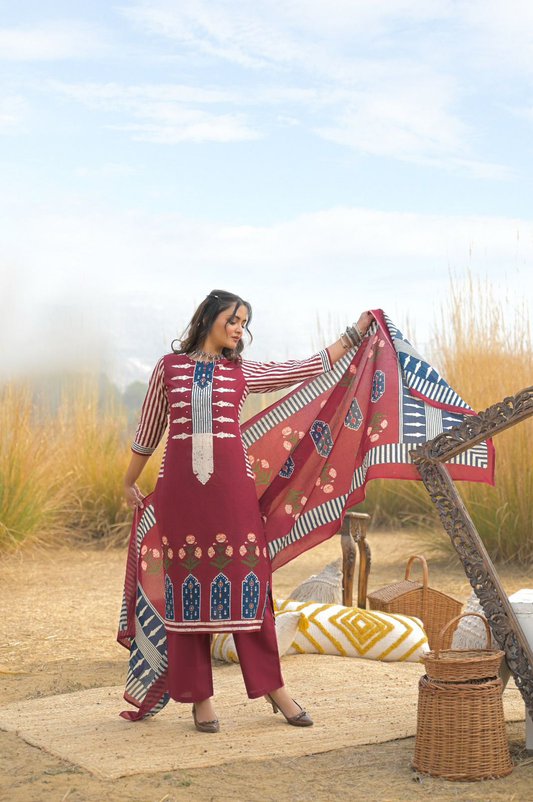 Dark Pink & Blue Brajbhoomi Ajrakh Printed Cotton Suit | 3-Piece Ethnic Kurta Set with Handwork Neckline | Cotton Pants & Printed Dupatta | Festive & Casual Wear