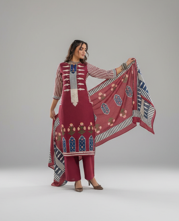 Dark Pink & Blue Brajbhoomi Ajrakh Printed Cotton Suit | 3-Piece Ethnic Kurta Set with Handwork Neckline | Cotton Pants & Printed Dupatta | Festive & Casual Wear