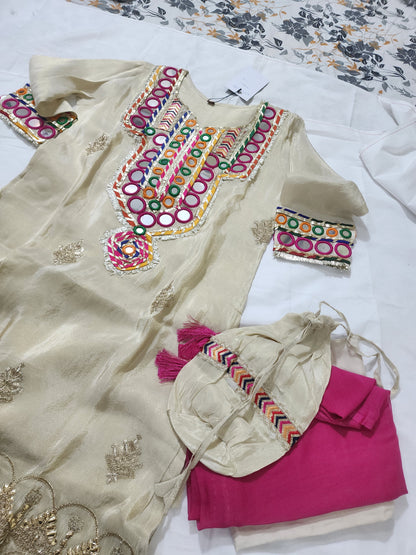 Off white golden pink 3 piece suit w potli