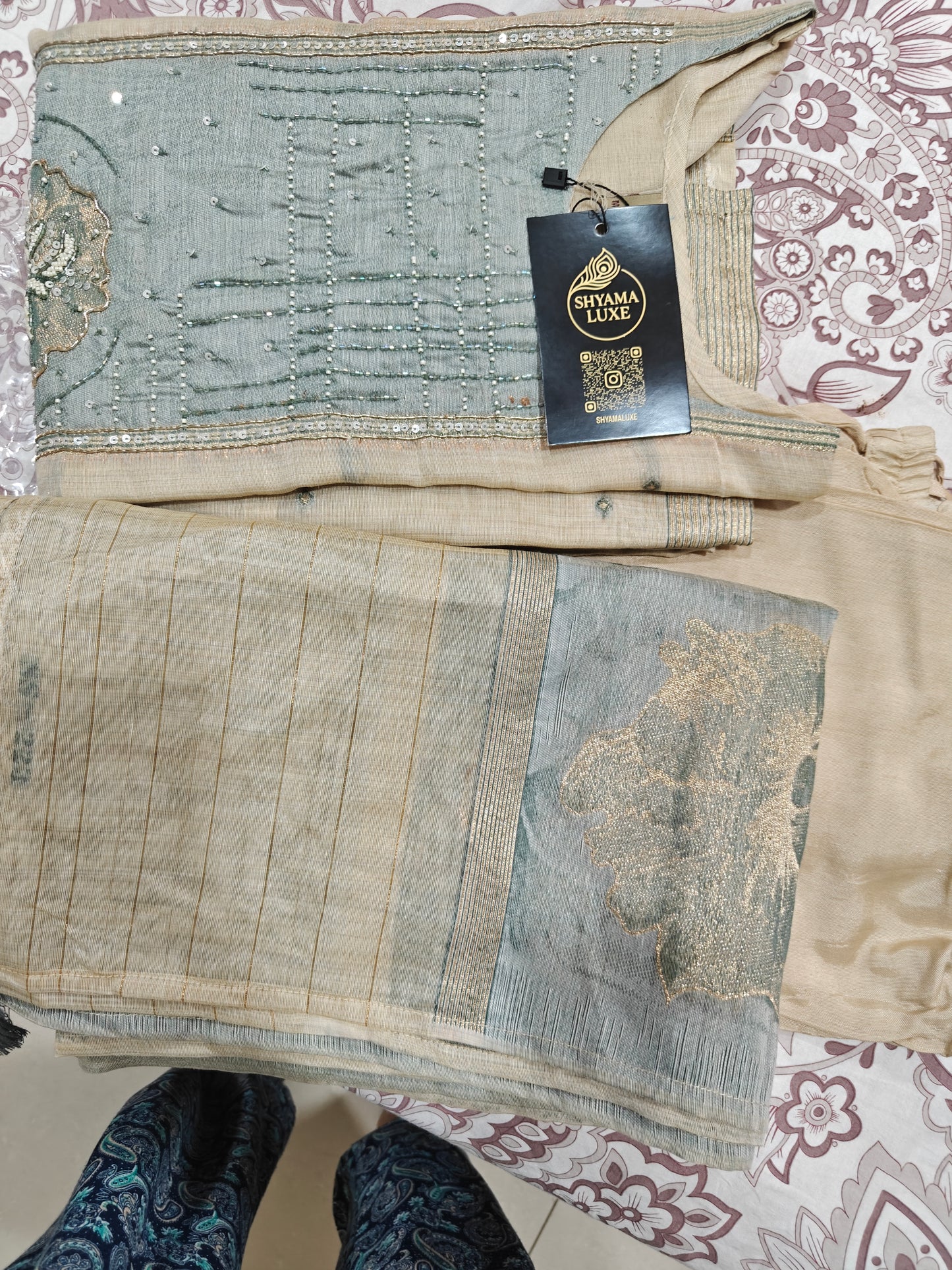 Pure Jamdani Work Designer Suit Set | Handwoven 3-Piece Ethnic Kurta Set for Women | Sage Green Cotton Suit | Festive & Casual Wear