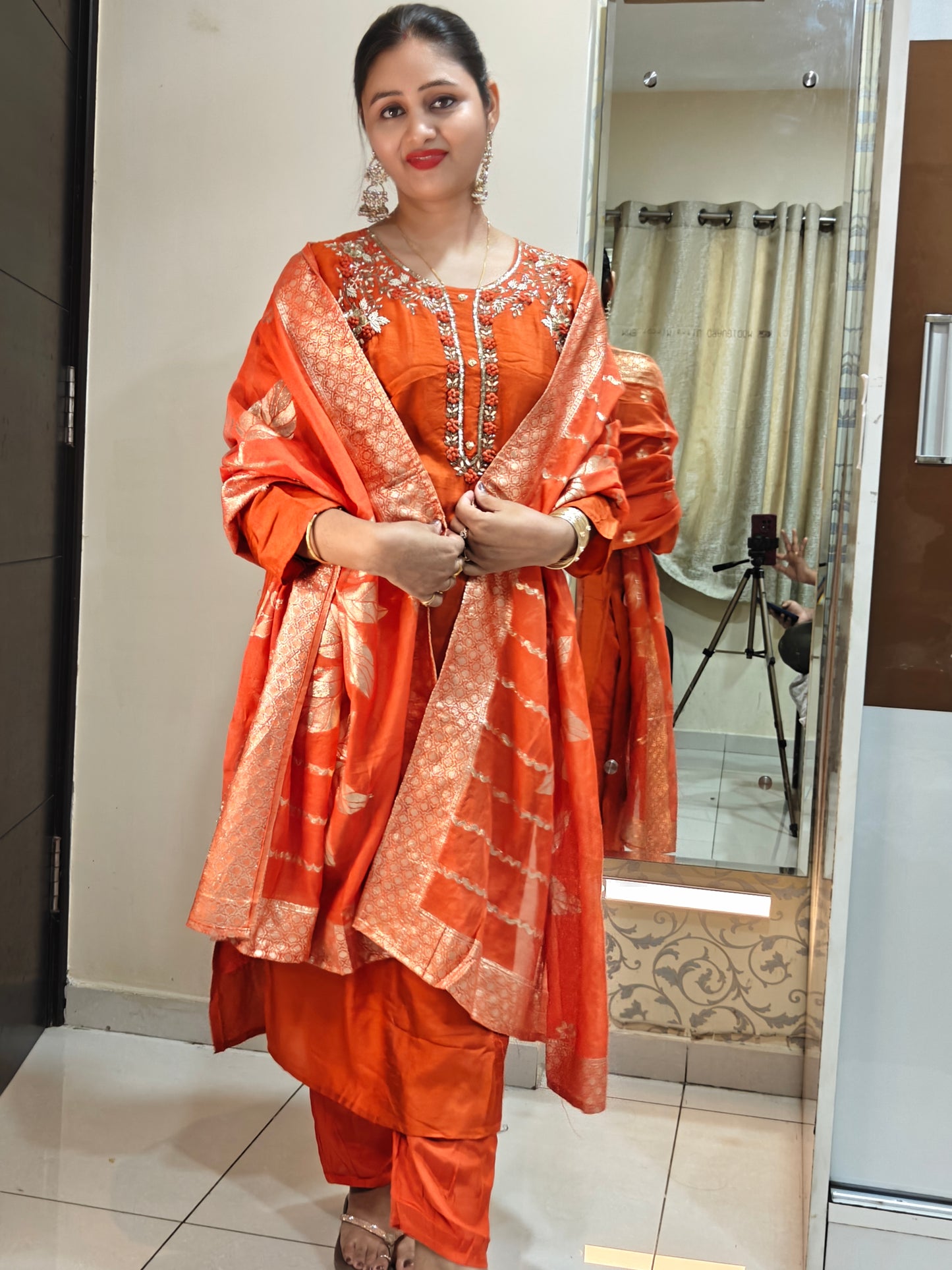 Orange & Gold Printed Kurta Set | Women's Ethnic Suit with Golden Motifs | Festive & Party Wear