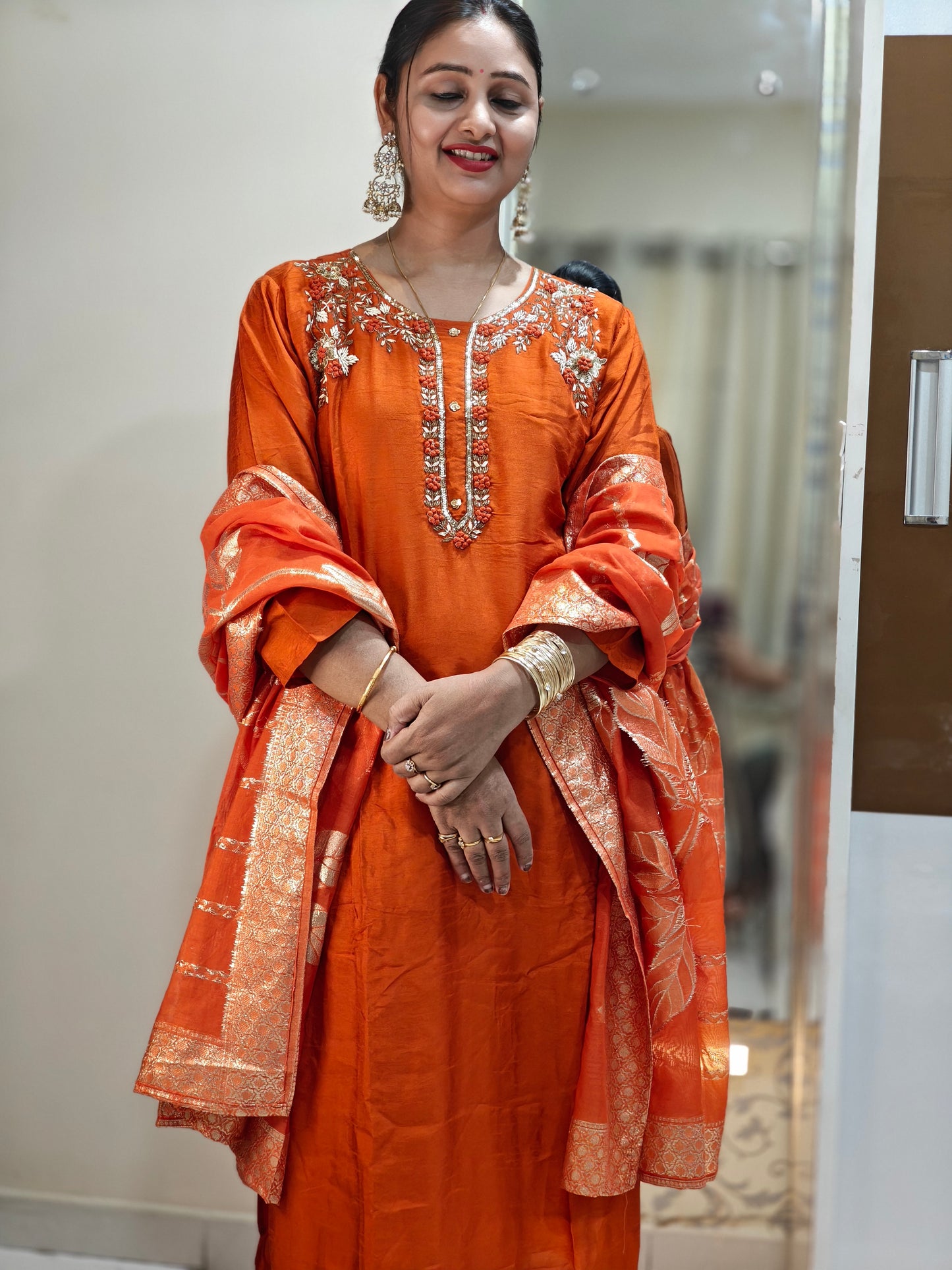 Orange & Gold Printed Kurta Set | Women's Ethnic Suit with Golden Motifs | Festive & Party Wear