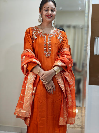 Orange & Gold Printed Kurta Set | Women's Ethnic Suit with Golden Motifs | Festive & Party Wear
