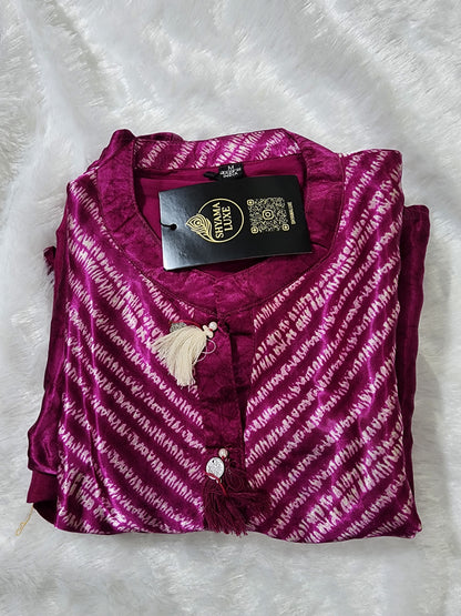 Pure Gajji Silk Leheriya Coord Set | Deep Magenta Kurta & Palazzo | 2-Piece Ethnic Set