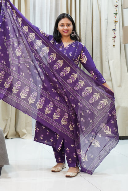 Deep Purple Floral Printed 3-Piece Kurta Set with Gold Motifs | Women's Ethnic Wear | Festive & Casual Collection