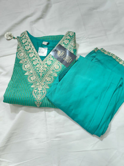 Teal Cyan 3-Piece Kurta Set with Golden Zari Embroidery | Ethnic Suit for Women | Festive & Party Wear