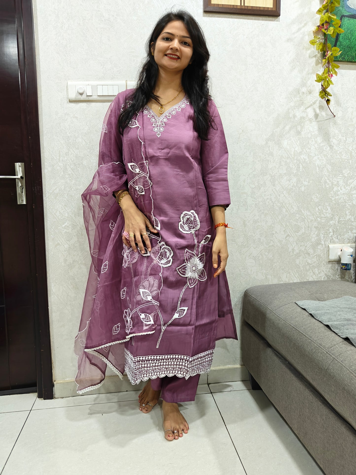 Wine Red Kurta Set with White Thread Embroidery | 3-Piece Ethnic Suit for Women | Festive & Party Wear
