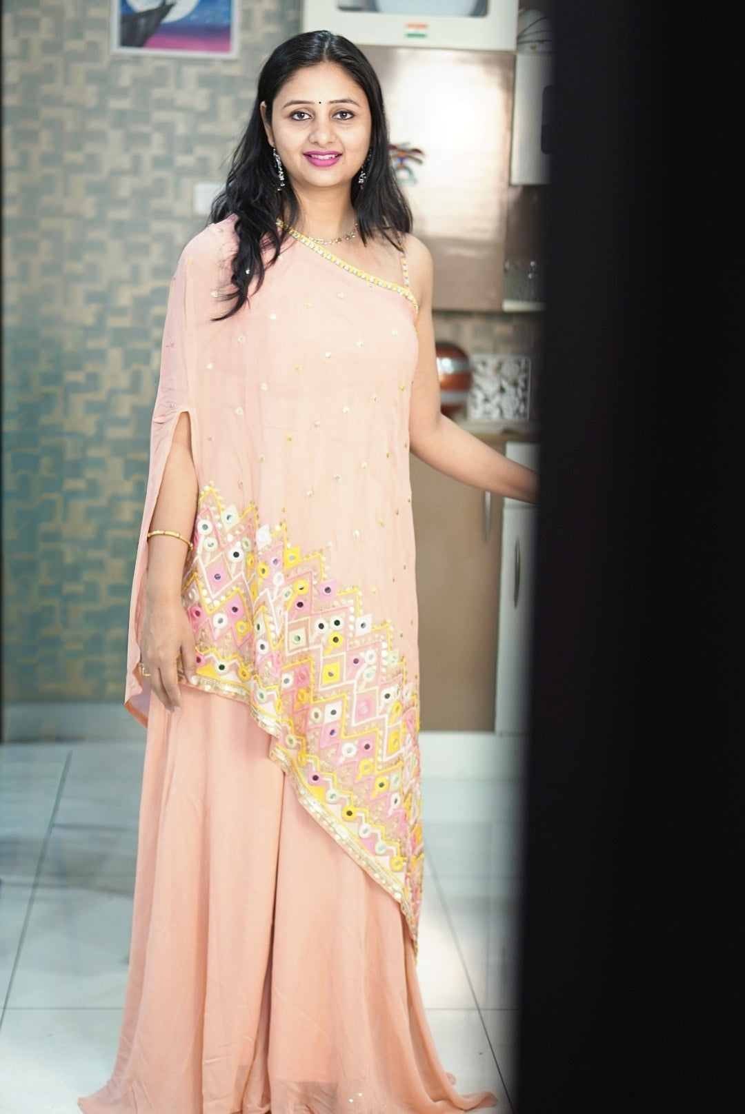 Peach Georgette Indo-Western Suit with Multicolor Floral Embroidery | Ethnic Fusion Wear for Women | Party & Festive Collection