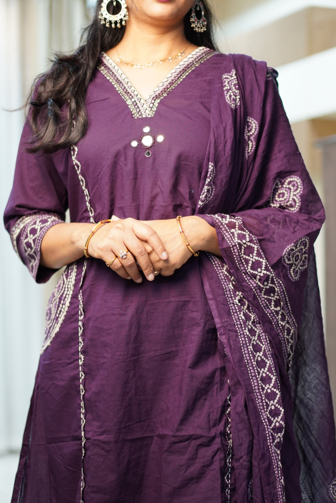 Deep Purple Pure Cotton A-Line Kurta Set with White Chikankari Embroidery | 3-Piece Ethnic Suit for Women | Casual & Festive Wear