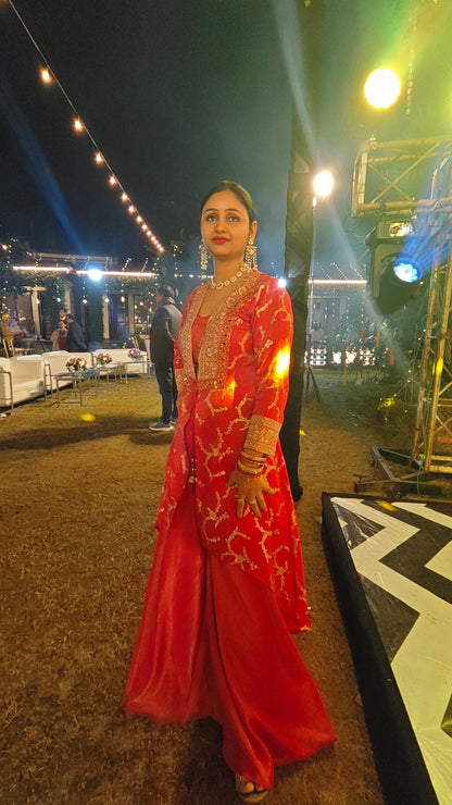 Hot-Pink & Gold Zari Embroidered Indo-Western Jacket Suit | Sharara suit for Women | Festive & Wedding Collection