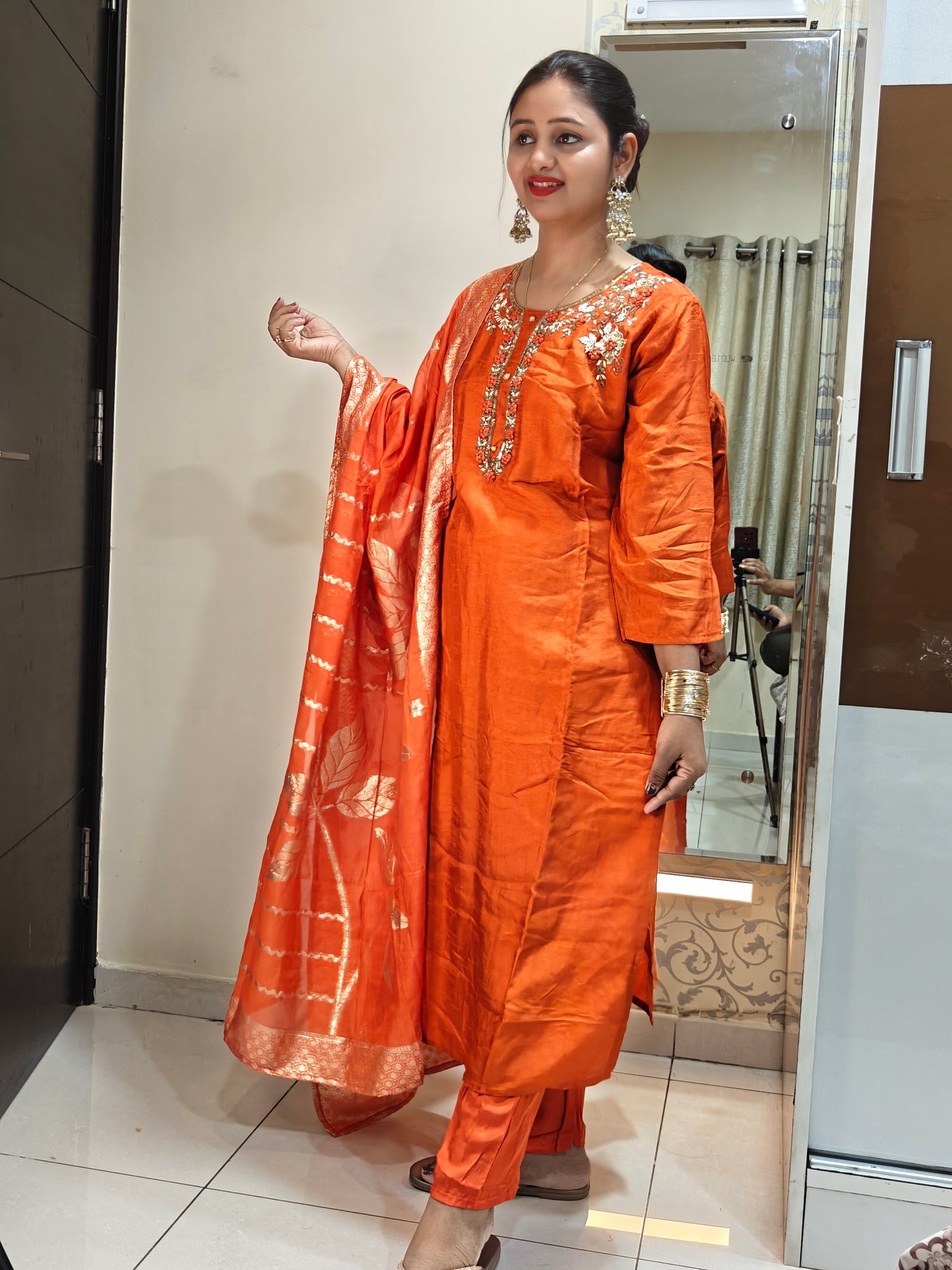 Orange & Gold Printed Kurta Set | Women's Ethnic Suit with Golden Motifs | Festive & Party Wear