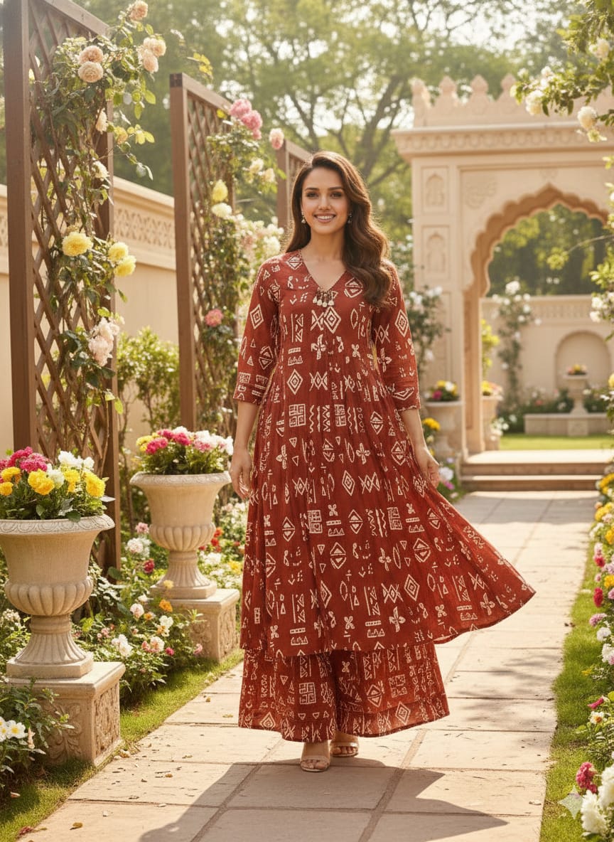 Brown Cotton Printed A-Line Kurta Set | 2-Piece Ethnic Suit with Kantha Handwork Neckline | Flared Kurta & Printed Palazzo | Casual & Festive Wear