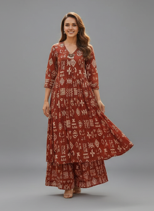 Brown Cotton Printed A-Line Kurta Set | 2-Piece Ethnic Suit with Kantha Handwork Neckline | Flared Kurta & Printed Palazzo | Casual & Festive Wear
