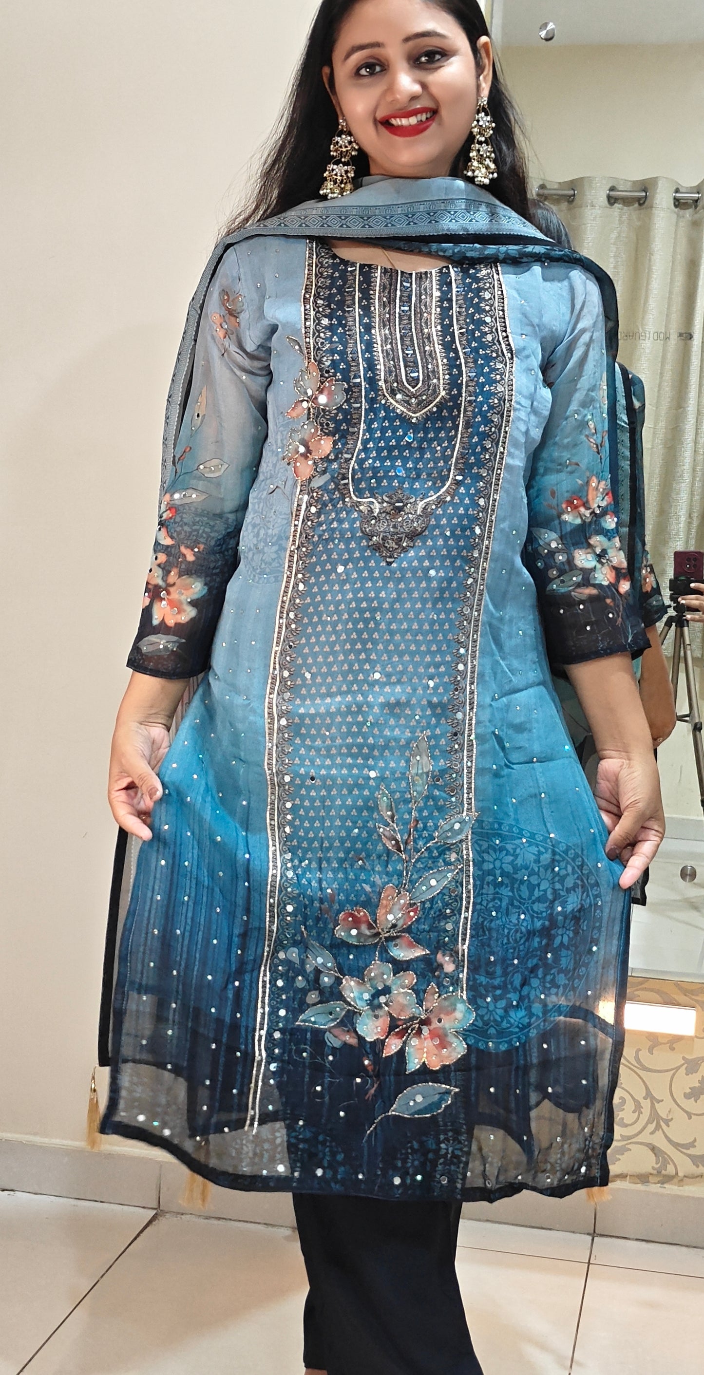 Blue Shaded Embroidered Kurta Set | Ombre Blue Women's Ethnic Suit | Festive & Casual Wear