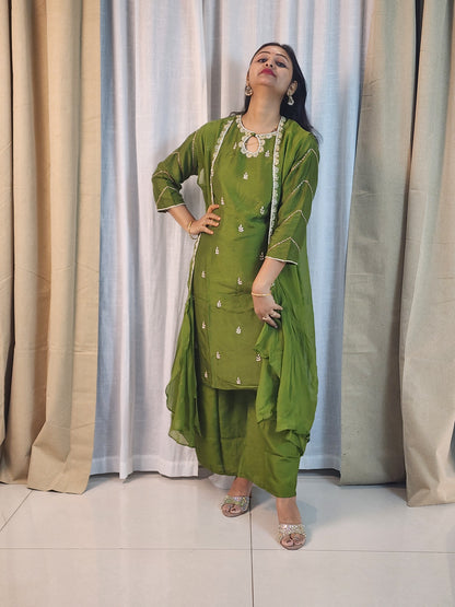 Mehendi Green Designer Kurta Set with Silver Embroidery | Indo-Western Ethnic Suit for Women | Festive & Party Wear