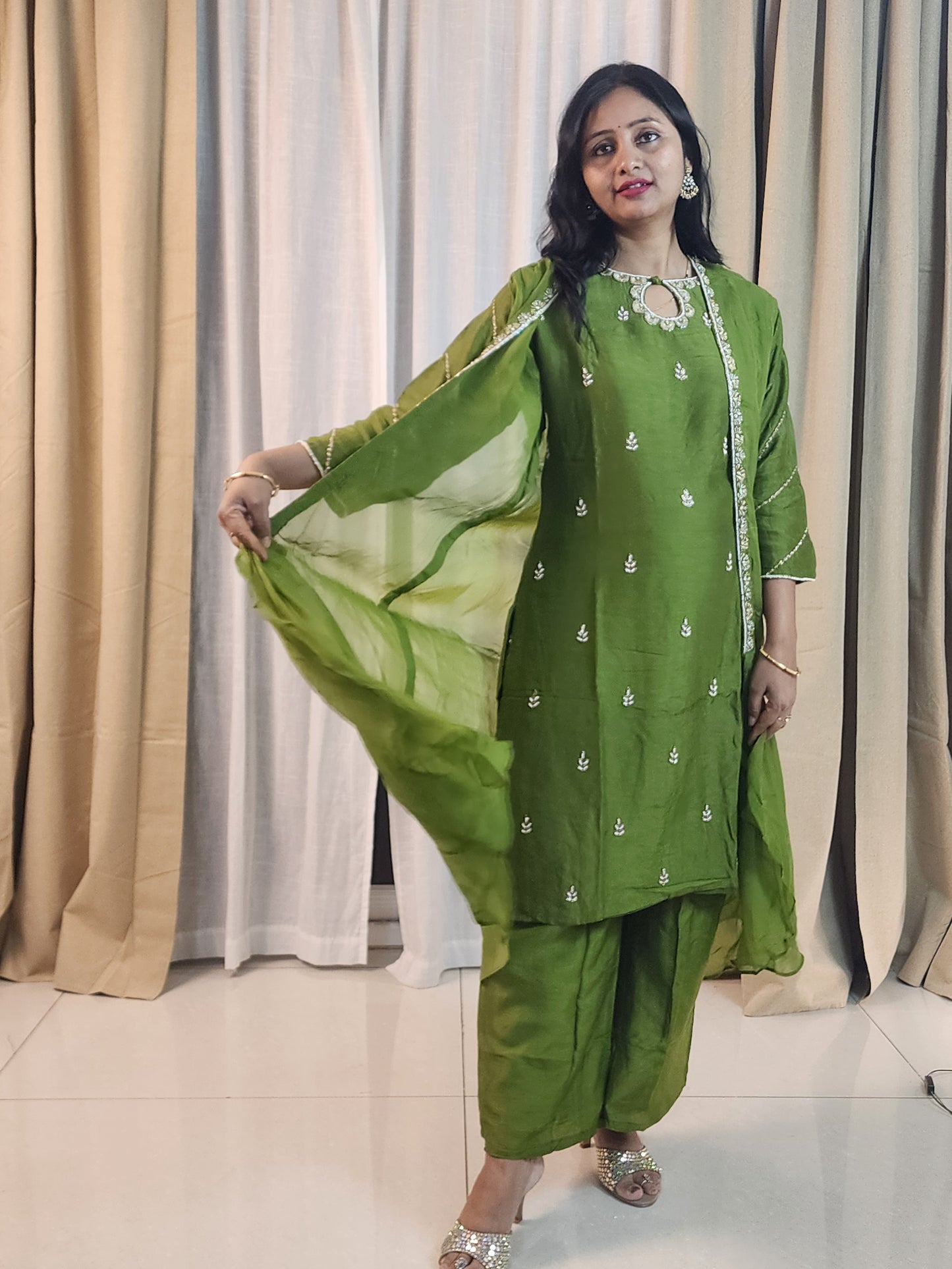Mehendi Green Designer Kurta Set with Silver Embroidery | Indo-Western Ethnic Suit for Women | Festive & Party Wear