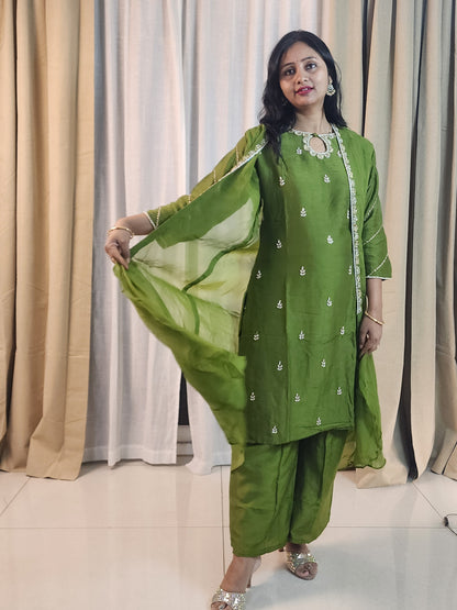 Mehendi Green Designer Kurta Set with Silver Embroidery | Indo-Western Ethnic Suit for Women | Festive & Party Wear